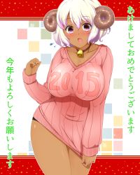 Rule 34 | 10s, 1girl, 2015, :o, bell, neck bell, black panties, blush, breasts, choker, cleavage, cowbell, curvy, dark skin, dark-skinned female, flying sweatdrops, highres, horns, large breasts, looking at viewer, new year, open mouth, original, panties, pink eyes, ribbed sweater, sheep horns, short hair, solo, sweater, translation request, underwear, white hair, wide hips, yue (show-ei)