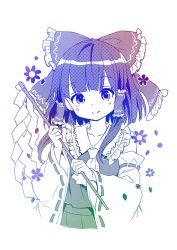 Rule 34 | 1girl, ama-tou, ascot, blush, bow, collarbone, detached sleeves, eyelashes, flower, frills, gohei, hair bow, hair tubes, hakurei reimu, halftone, highres, limited palette, long sleeves, looking at viewer, monochrome, petals, ribbon-trimmed sleeves, ribbon trim, short hair, simple background, skirt, skirt set, smile, solo, tareme, touhou, upper body, white background, wide sleeves
