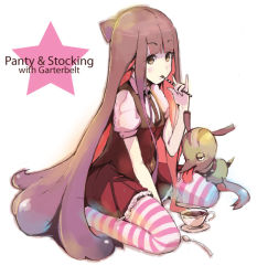 Rule 34 | 10s, 1girl, alternate hair color, blush, brown eyes, chanchan, chuck (psg), colored inner hair, long hair, m/, multicolored hair, necktie, panty &amp; stocking with garterbelt, sitting, spoon, stocking (psg), striped clothes, striped thighhighs, tea, thighhighs, tongue, two-tone hair, very long hair, wariza