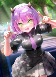 Rule 34 | 1girl, absurdres, black shirt, blush, braid, breasts, cowboy shot, fangs, green eyes, hair ornament, hairclip, hands up, highres, hololive, horns, leaning forward, long hair, looking at viewer, medium breasts, miniskirt, naka g, necktie, open mouth, outdoors, pointing, purple hair, purple necktie, shade, shirt, short sleeves, skirt, smile, solo, tokoyami towa, twin braids, virtual youtuber