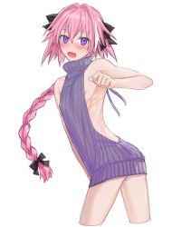 Rule 34 | 1boy, ass, astolfo (fate), bad anatomy, bare back, blush, braid, cropped legs, fate/apocrypha, fate/grand order, fate (series), long hair, looking at viewer, male focus, meme attire, naked sweater, open mouth, pink hair, ribbon, single braid, solo, sweater, trap, virgin killer sweater