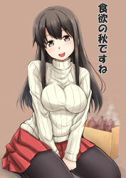 Rule 34 | 10s, 1girl, :d, akagi (kancolle), alternate costume, bag, black hair, black pantyhose, blush, breasts, brown background, brown eyes, casual, food, fuuma nagi, kantai collection, large breasts, long hair, looking at viewer, open mouth, pantyhose, paper bag, ribbed sweater, seiza, sitting, smile, solo, sweater, sweet potato, translation request, turtleneck, v arms