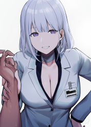 Rule 34 | 1boy, 1girl, black shirt, blouse, blunt bangs, breasts, choker, cleavage, collared jacket, defy (girls&#039; frontline), duplicate, formal, girls&#039; frontline, grey blazer, grey suit, hand grab, hand on own hip, hayabusa, highres, holding another&#039;s wrist, id card, jacket, lips, medium breasts, medium hair, purple eyes, rpk-16 (girls&#039; frontline), rpk-16 (renate) (girls&#039; frontline), shirt, simple background, smile, suit, white background