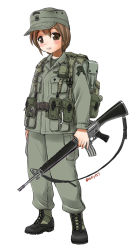 Rule 34 | 1girl, ar-15, assault rifle, backpack, bag, black footwear, boots, brown eyes, brown hair, cross-laced footwear, ebifly, green hat, green jacket, green pants, gun, hat, holding, holding gun, holding weapon, jacket, looking at viewer, m16, m16a1, military, military uniform, original, pants, parted lips, pouch, ranger, rifle, short hair, soldier, solo, twitter username, uniform, weapon