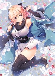 Rule 34 | 1girl, ahoge, arm guards, arm up, armpits, black bow, black sash, black scarf, black thighhighs, blonde hair, blue kimono, blush, bow, breasts, commentary request, covered erect nipples, fate/grand order, fate (series), floral background, full body, hair bow, japanese clothes, jumping, kimono, konomi (kino konomi), large breasts, no panties, obi, off shoulder, okita souji (fate), okita souji (koha-ace), sash, scarf, short hair, solo, thighhighs, toeless legwear, wide sleeves, yellow eyes