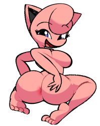 Rule 34 | 1girl, animal ears, anus, ass grab, barefoot, blue eyes, body fur, breasts, completely nude, creatures (company), feet, female focus, from behind, full body, furry, furry female, game freak, gen 1 pokemon, grabbing own ass, half-closed eyes, happy, highres, jigglypuff, looking at viewer, looking back, medium breasts, nintendo, nude, open mouth, personification, pink fur, pink hair, pink theme, pokemon, pokemon (creature), presenting, short hair, simple background, sitting, smile, solo, spread anus, vilepluff, white background