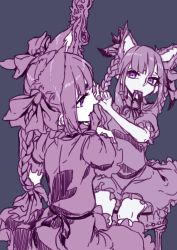 Rule 34 | 1girl, animal ears, black bow, bow, braid, braiding hair, cat ears, dress, eyelashes, framed, from behind, hair bow, hairdressing, head tilt, kaenbyou rin, looking at mirror, mirror, monochrome, mouth hold, ornate, purple eyes, reflection, ribbon, ribbon in mouth, short sleeves, simple background, sitting, solo, spot color, stool, thupoppo, touhou, twin braids