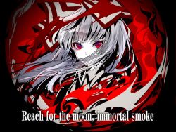 Rule 34 | 1girl, blunt bangs, bow, collared shirt, commentary, copyright name, covered mouth, fujiwara no mokou, hair bow, hair over mouth, highres, infinity symbol, long hair, looking at viewer, portrait, red eyes, sanamisa, shirt, solo, song name, touhou, v-shaped eyebrows, white bow, white hair, white shirt