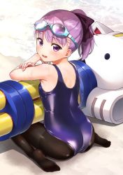Rule 34 | 1girl, :d, ass, bare arms, bare shoulders, beach, black pantyhose, blue-framed eyewear, blue one-piece swimsuit, blush, bow, day, fate/grand order, fate (series), full body, glint, goggles, goggles on head, gun, hair bow, helena blavatsky (fate), helena blavatsky (swimsuit archer) (fate), helena blavatsky (swimsuit archer) (first ascension) (fate), looking back, no shoes, ocean, one-piece swimsuit, open mouth, outdoors, pantyhose, pantyhose under swimsuit, ponytail, purple bow, purple eyes, purple hair, sand, school swimsuit, shiny clothes, short hair, smile, soles, solo, swimsuit, tareme, toes, umakuchi shouyu (into-rain), water, weapon, wet