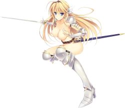 Rule 34 | 1girl, absurdres, armor, armored boots, blonde hair, boots, breasts, elcia harvence, highres, koikishi purely kiss, large breasts, long hair, long sword, no bra, no panties, simple background, smile, solo, sword, warrior, weapon, white background, yuuki hagure
