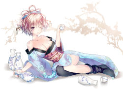 Rule 34 | 1girl, absurdres, asymmetrical legwear, bare shoulders, black legwear, breasts, brown hair, choko (cup), cleavage, cola, cup, hair ornament, highres, japanese clothes, kimono, large breasts, looking at viewer, lying, no shoes, off shoulder, on side, one eye closed, original, parted lips, sash, short hair, simple background, solo, tokkuri, uneven legwear, white background, yamika (azuma119), yukata