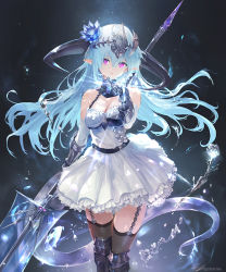 Rule 34 | 1girl, aqua hair, armor, bare shoulders, beckoning, belt, black thighhighs, blue hair, boots, breasts, cleavage, commentary request, cygames, diffraction spikes, dragon girl, dragon tail, dress, elbow gloves, filene (shadowverse), flower, frills, garter straps, gauntlets, gloves, greaves, hair flower, hair ornament, holding, holding weapon, horns, light particles, long hair, looking at viewer, medium breasts, outstretched hand, pink eyes, pointy ears, polearm, ponzu (catponz), shadowverse, simple background, skirt, solo, sparkle, standing, tail, thighhighs, water, weapon, white dress, whitefrost dragonewt filene