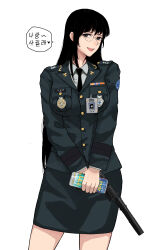 1girl :d absurdres black_eyes black_hair black_necktie breast_pocket breasts can collared_shirt frank-link glasses green_jacket gun handgun highres holding holding_can holding_gun holding_weapon id_card jacket korean_text large_breasts long_hair long_sleeves monster_energy name_tag necktie open_mouth original pencil_skirt pocket republic_of_korea_army shirt skirt smile solo south_korea speech_bubble standing suppressor teeth thighs tongue translation_request upper_teeth_only very_long_hair weapon white_shirt