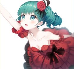 Rule 34 | 1girl, absurdres, arm up, blue eyes, blue hair, blush, bow, breasts, cleavage, commentary, detached sleeves, dress, drill hair, flower, gaikotsu gakudan to riria (vocaloid), hair flower, hair ornament, hatsune miku, highres, ille (xcpa7325), long hair, open mouth, reaching, short sleeves, small breasts, solo, strapless, strapless dress, twin drills, vocaloid