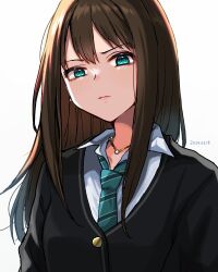 Rule 34 | 1girl, arms at sides, ayaca, black cardigan, blue eyes, brown hair, buttons, cardigan, closed mouth, collared shirt, dated, frown, furrowed brow, green necktie, hair between eyes, idolmaster, idolmaster cinderella girls, jewelry, lips, long hair, looking at viewer, necklace, necktie, open collar, shibuya rin, shirt, sidelocks, simple background, solo, straight hair, striped necktie, upper body, white background, white shirt