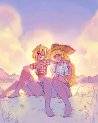 Rule 34 | 2girls, ;), alternate costume, bare legs, barefoot, blind, blonde hair, blue eyes, breasts, cleavage, cloud, commentary, cutoffs, denim, denim shorts, english commentary, grass, grin, hand on another&#039;s shoulder, hat, highres, katawa shoujo, large breasts, long hair, looking at viewer, midriff, mountainous horizon, mouth hold, multiple girls, one eye closed, outdoors, plaid, plaid shirt, red eyes, rtil, satou akira, satou lilly, shirt, short hair, short shorts, shorts, siblings, sisters, sitting, sleeves rolled up, small breasts, smile, straw hat, tied shirt