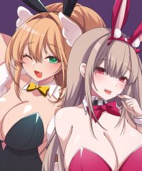 Rule 34 | 1girl, 2girls, :d, animal ears, bare shoulders, black leotard, blonde hair, blush, bowtie, breasts, chiji komari, cleavage, detached collar, fake animal ears, fake tail, fang, goddess of victory: nikke, green eyes, hair intakes, hair ornament, horns, large breasts, leotard, light brown hair, long hair, looking at viewer, mole, mole under eye, multiple girls, nail art, official alternate costume, one eye closed, open mouth, pink bow, pink bowtie, pink horns, pink leotard, playboy bunny, ponytail, rabbit ears, rabbit tail, red eyes, rupee (nikke), rupee (rabbit deluxe) (nikke), smile, solo, strapless, strapless leotard, tail, viper (nikke), viper (toxic rabbit) (nikke), yellow bow, yellow bowtie