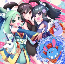 Rule 34 | 3girls, :d, :o, alternate color, azumarill, bare shoulders, black hair, blush, creatures (company), dawn (new year&#039;s 2023) (pokemon), dawn (pokemon), detached sleeves, earrings, from side, furisode girl (pokemon), furisode girl kali, galarian form, galarian rapidash, game freak, gen 2 pokemon, gen 7 pokemon, gen 8 pokemon, green eyes, green hair, grey eyes, hug, japanese clothes, jewelry, kimono, lisia (new year&#039;s 2023) (pokemon), lisia (pokemon), looking at viewer, memo14030037, multiple girls, nintendo, official alternate costume, official alternate hairstyle, open mouth, oricorio, oricorio (sensu), pokemon, pokemon (creature), pokemon masters ex, pokemon xy, ponytail, red eyes, shiny pokemon, smile, twitter username