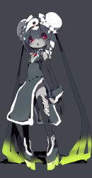 Rule 34 | 1girl, absurdly long hair, angel, black gloves, black hair, black sclera, black thighhighs, breasts, china dress, chinese clothes, cleavage, colored sclera, dango mushi, double bun, dress, elbow gloves, flat chest, gloves, grey theme, hair between eyes, hair bun, long hair, looking at viewer, multicolored hair, neon genesis evangelion, no panties, open mouth, personification, platform footwear, red eyes, sachiel (evangelion), simple background, solo, standing, thighhighs, two-tone hair, very long hair