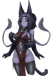 Rule 34 | 1girl, animal ears, animal hands, barbariank, black fur, black hair, black sclera, blush, breasts, colored sclera, colored skin, commentary, cowboy shot, displacer beast, dungeons &amp; dragons, english commentary, extra arms, flying sweatdrops, forehead, fur, medium breasts, monster girl, no panties, pelvic curtain, personification, ponytail, purple skin, simple background, slit pupils, solo, tail, tentacles, thick eyebrows, thighhighs, white background, yellow eyes