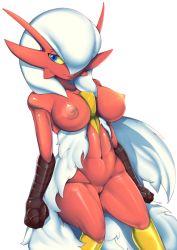 Rule 34 | 1girl, abs, absurdres, ashraely, blaziken, blue eyes, breasts, closed mouth, collarbone, colored sclera, creatures (company), female focus, furry, furry female, fusion, game freak, gardevoir, gen 3 pokemon, groin, hair over one eye, half-closed eyes, highres, large breasts, long hair, looking to the side, navel, nintendo, nipples, pokemon, pokemon (creature), shiny skin, shy, simple background, sitting, solo, stomach, toned, uncensored, very long hair, wavy mouth, white background, white hair, yellow sclera