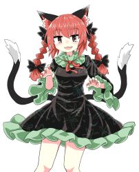 Rule 34 | 1girl, animal ears, black bow, black dress, bow, braid, cat ears, cat tail, chups, dress, extra ears, fang, frilled dress, frilled sleeves, frills, green frills, highres, kaenbyou rin, long sleeves, looking at viewer, multiple tails, nail polish, open mouth, red eyes, red hair, red nails, red neckwear, short hair, simple background, smile, solo, tail, touhou, twin braids, two tails, white background