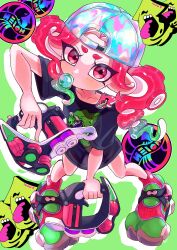 Rule 34 | 1girl, absurdres, backwards hat, baseball cap, black shirt, chewing gum, colored tips, commentary request, dual wielding, eyelashes, green background, green hair, gun, hat, highres, holding, holding gun, holding weapon, looking at viewer, medium hair, multicolored hair, nintendo, octoling, octoling girl, octoling player character, payayo884, print shirt, red eyes, red hair, reefslider (splatoon), shirt, shoes, solo, splatoon (series), splatoon 3, sticker, tentacle hair, tetra dualies (splatoon), thick eyebrows, twintails, two-tone hair, weapon