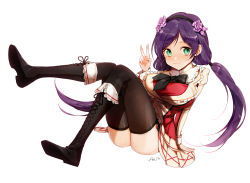 Rule 34 | 10s, 1girl, anz (starry), blush, boots, breasts, cross-laced footwear, green eyes, idol, lace-up boots, large breasts, long hair, looking at viewer, love live!, love live! school idol festival, love live! school idol project, purple hair, simple background, sitting, skirt, smile, solo, thighhighs, tojo nozomi, twintails, v
