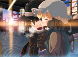 Rule 34 | 2girls, blonde hair, blush, breath, brown eyes, brown hair, gloves, hand on another&#039;s cheek, hand on another&#039;s face, hat, hat ribbon, lamp, maribel hearn, mittens, mob cap, multiple girls, open mouth, ribbon, scarf, signature, tactile paving, takuzui, touhou, train station, usami renko