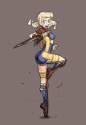 Rule 34 | 1girl, armor, ass, blonde hair, blue eyes, breasts, brown background, commentary, final fantasy, final fantasy xii, full body, greaves, hjay, holding, holding weapon, long hair, low twintails, medium breasts, pauldrons, penelo, reverse grip, short sword, shoulder armor, sketch, solo, spinning, standing, sword, tiptoes, twintails, unitard, vambraces, weapon