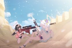 Rule 34 | 2girls, aiming, anti-materiel rifle, assault rifle, azusa (blue archive), azusa (swimsuit) (blue archive), battle, bikini, black hair, blue archive, covering privates, gun, hair ornament, halo, headband, jacket, long hair, mashiro (blue archive), mashiro (swimsuit) (blue archive), multiple girls, official art, rifle, sand, sandals, scope, short hair, silver hair, sky, sniper rifle, swimsuit, water, water drop, weapon, wings