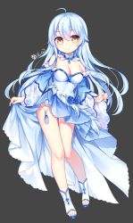 Rule 34 | 1girl, ahoge, blue hair, boots, breasts, brown eyes, chuor (chuochuoi), cleavage, closed mouth, copyright request, detached sleeves, dress, full body, grey background, hair between eyes, long hair, long sleeves, looking at viewer, medium breasts, simple background, smile, solo, standing, strapless, strapless dress, toeless footwear, very long hair, white dress, white footwear, white hair, wide sleeves