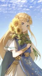 Rule 34 | 1girl, alternate color, armor, belt, blonde hair, blue eyes, blue gemstone, blue sky, bracer, circlet, closed mouth, cloud, cowboy shot, day, dress, flower, forehead jewel, gem, highres, holding, holding flower, jewelry, long hair, necklace, nintendo, outdoors, parted bangs, pauldrons, princess zelda, short sleeves, shoulder armor, sky, smile, solo, straight hair, super smash bros., tabard, tete tuyuten, the legend of zelda, the legend of zelda: a link between worlds, the legend of zelda: a link to the past, very long hair, water drop, white dress, yellow flower