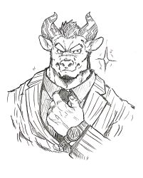 Rule 34 | 1boy, adjusting clothes, adjusting necktie, animal ears, bara, collared shirt, commentary request, cow ears, cow horns, facial hair, formal, furry, furry male, goatee, graphite (medium), gyumao (housamo), highres, horns, lapels, male focus, mature male, minotaur, mohawk, muscular, muscular male, necktie, notched lapels, photo (medium), scar, scar on face, scar on nose, shirt, short hair, simple background, smile, solo, sparkle, striped suit, suit, takayo (takayo0449), thick eyebrows, tokyo houkago summoners, traditional media, upper body, watch, white background, wristwatch