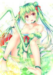 Rule 34 | 1girl, :d, ahoge, bare shoulders, barefoot, bendy straw, blush, bow, brown eyes, cherry, commentary request, detached sleeves, double bun, dress, drinking straw, fingernails, food, fruit, green dress, green hair, green nails, hair between eyes, hair bun, long hair, looking at viewer, melon soda, nail polish, open mouth, original, puffy short sleeves, puffy sleeves, red bow, short sleeves, side bun, sidelocks, sitting, sleeveless, sleeveless dress, smile, soles, solo, strap slip, suzukawa yui, teeth, toenail polish, toenails, twintails, upper teeth only, very long hair