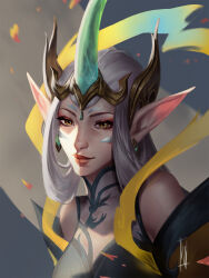 Rule 34 | 1girl, bare shoulders, brown eyes, closed mouth, ditahsdoh, earrings, green horns, grey hair, highres, horns, immortal journey soraka, jewelry, league of legends, long hair, multicolored background, red lips, single horn, smile, solo, soraka (league of legends), upper body