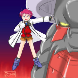 Rule 34 | 1boy, bad anatomy, black gloves, brown hair, coat, dragon, erio mondial, fingerless gloves, full body, giant robo, gloves, holding, holding weapon, hook, legs apart, long sleeves, looking at viewer, lyrical nanoha, magical boy, mahou shoujo lyrical nanoha, mahou shoujo lyrical nanoha strikers, male focus, oekaki, open clothes, open coat, parody, pink hair, poorly drawn, shoes, standing, strada, voltaire (nanoha), watch, weapon, wristwatch