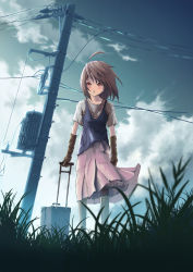 Rule 34 | 1girl, ahoge, bad id, bad pixiv id, bag, boots, brown hair, bsan, cloud, day, gloves, grass, original, power lines, red eyes, short hair, skirt, sky, solo, suitcase, wind