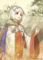 Rule 34 | 1girl, crown, earrings, eyelashes, hair ornament, hidari (left side), japanese clothes, jewelry, kaguya (toukiden), long hair, official art, open mouth, red eyes, solo, sparkle, toukiden, toukiden 2, tree, very long hair, watermark, white hair