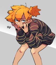 Rule 34 | 1girl, asymmetrical hair, blue eyes, breasts, creatures (company), eyebrows, game freak, gen 1 pokemon, knuxy, legs, looking at viewer, misty (pokemon), nintendo, orange hair, pokemon, pokemon rgby, ponytail, short hair, side ponytail, solo, sweater, thighs, tongue, tongue out