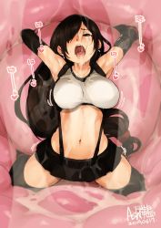 Rule 34 | 1girl, arms up, ash yokoshima, black hair, black skirt, black thighhighs, breasts, brown eyes, dated, elbow gloves, final fantasy, final fantasy vii, gloves, highres, large breasts, long hair, low-tied long hair, navel, open mouth, signature, skirt, suspenders, thighhighs, tifa lockhart, tongue, unbirthing, uvula