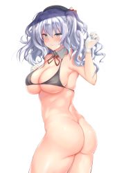 Rule 34 | 1girl, absurdres, alternate costume, ass, bad id, bad pixiv id, beret, bikini, bikini top only, black bikini, blue eyes, blush, bottomless, breasts, closed mouth, gloves, hat, highres, huge filesize, kantai collection, kashima (kancolle), large breasts, long hair, looking at viewer, silver hair, simple background, smile, solo, swimsuit, thighs, twintails, wavy hair, white background, white gloves, zengi