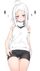 Rule 34 | 1girl, ahoge, arms at sides, bare arms, bare shoulders, black shorts, blush, closed mouth, cowboy shot, from below, highres, hood, hoodie, looking at viewer, medium hair, original, otokuyou, pink eyes, shorts, simple background, sleeveless, sleeveless hoodie, solo, white background, white hair, white hoodie
