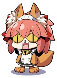 Rule 34 | 1girl, :3, :d, animal collar, animal ear fluff, animal ears, animal feet, animal hands, apron, bell, bow, chibi, collar, commentary request, fangs, fate/grand order, fate (series), fox ears, fox girl, fox tail, hair between eyes, hair bow, jingle bell, long hair, looking at viewer, maid, maid apron, maid headdress, multicolored hair, neck bell, open mouth, plover, ponytail, red bow, shadow, short sleeves, sidelocks, simple background, slit pupils, smile, solo, standing, streaked hair, tail, tamamo (fate), tamamo cat (fate), tamamo cat (second ascension) (fate), tongue, white background, | |