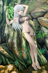 Rule 34 | 00s, 1girl, armpits, barefoot, bikini, breasts, center opening, choker, cleavage, cleavage cutout, clothing cutout, feet, female focus, halterneck, halterneck, large breasts, leaf, legs, nature, outdoors, plant, red eyes, rock, selvaria bles, senjou no valkyria (series), senjou no valkyria 1, side-tie bikini bottom, silver hair, solo, standing, swimsuit, thigh strap, tonbidou, tree, turtleneck, vines