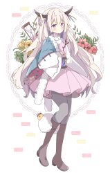 Rule 34 | 1girl, absurdres, blush, boots, brown footwear, closed mouth, commentary request, dress, flower, full body, grey pantyhose, highres, holding, horns, hourglass, long hair, long sleeves, looking at viewer, original, pantyhose, pink dress, pleated dress, purple eyes, red flower, simple background, sleeves past wrists, solo, standing, standing on one leg, tsukiyo (skymint), very long hair, white background, white hair, wide sleeves, yellow flower