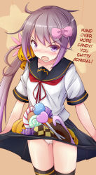 Rule 34 | 10s, 1girl, akebono (kancolle), alternate hair ornament, blush, candy, commentary request, doyachii, fang, flower, food, hair flower, hair ornament, hair ribbon, halloween, hard-translated, highres, jack-o&#039;-lantern, kantai collection, long hair, nose blush, open mouth, panties, pantyshot, ponytail, purple eyes, purple hair, purple ribbon, ribbon, school uniform, serafuku, short sleeves, side ponytail, skirt basket, solo, standing, third-party edit, translated, underwear, white panties