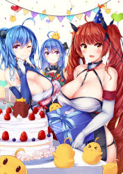Rule 34 | 3girls, absurdres, ahoge, azur lane, bare shoulders, black ribbon, blue hair, blush, breasts, cleavage, closed mouth, collarbone, dress, elbow gloves, food, gloves, hair between eyes, hair ribbon, hat, helena (azur lane), highres, honolulu (azur lane), irohara, large breasts, long hair, looking at viewer, medium breasts, multiple girls, official art, open mouth, purple eyes, red eyes, red hair, ribbon, sidelocks, smile, st. louis (azur lane), twintails, very long hair, wavy mouth, white gloves