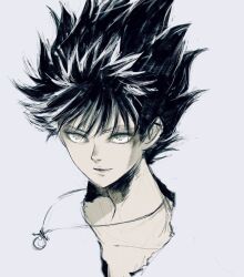 Rule 34 | 1boy, closed mouth, collarbone, greyscale, hiei, jewelry, kannoaki, looking at viewer, male focus, monochrome, necklace, simple background, smile, solo, spiked hair, yuu yuu hakusho