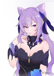 Rule 34 | 1girl, bare shoulders, black choker, black dress, breasts, choker, cleavage, commentary, cone hair bun, detached sleeves, double bun, dress, genshin impact, hair bun, hand up, highres, keqing (genshin impact), keqing (opulent splendor) (genshin impact), long hair, medium breasts, official alternate costume, purple eyes, purple hair, revision, short sleeves, sidelocks, solo, strapless, strapless dress, tapeanna, twintails, upper body
